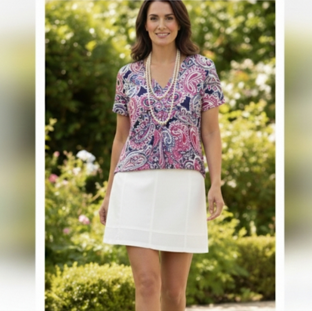 CARRIBEAN JOE Flowy Blue Pink Paisley Lattice  Detail Popover Top NWT